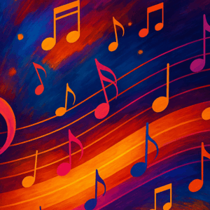 Kolorowe tło muzyczne z nutami i kluczem wiolinowym - MojaNutka.pl